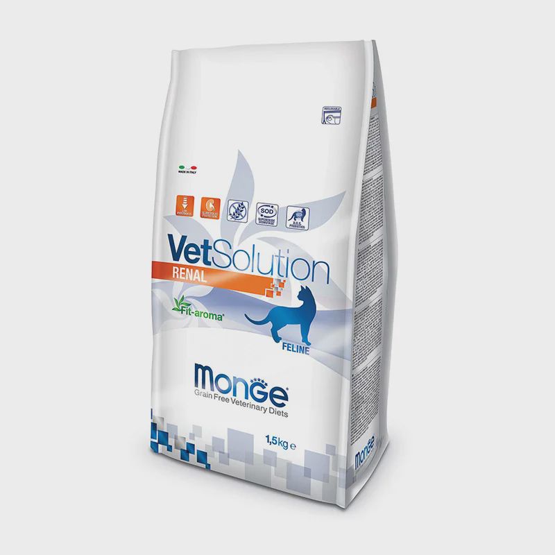 Monge VetSolution Renal, kəskin və ya xroniki böyrək çatışmazlığı olan pişiklərdə böyrək funksiyasını dəstəkləmək üçün tam rasionlu pəhriz yemi, 1,5 kq — Cats