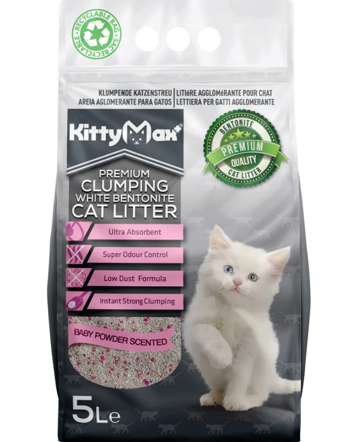KittyMax Baby Powder körpə pudrası ətirli bentonit pişik qumu, 5 l — Zoo.az — Cats