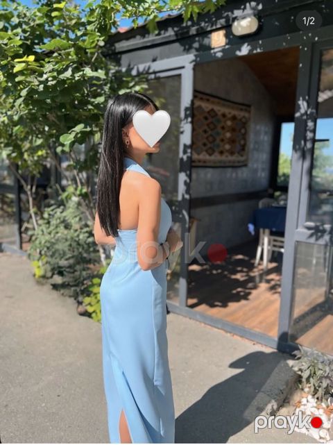 Açıq mavi rəngdə uzun ziyafət/libas razmer xs - Model: bədənə oturan — Masazır