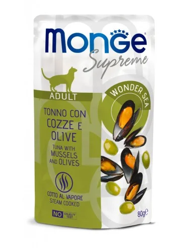 Monge Supreme Yetkin Pişiklər üçün Balanslaşdırılmış Yem, Midye və Zeytunlu Tuna, 80 q