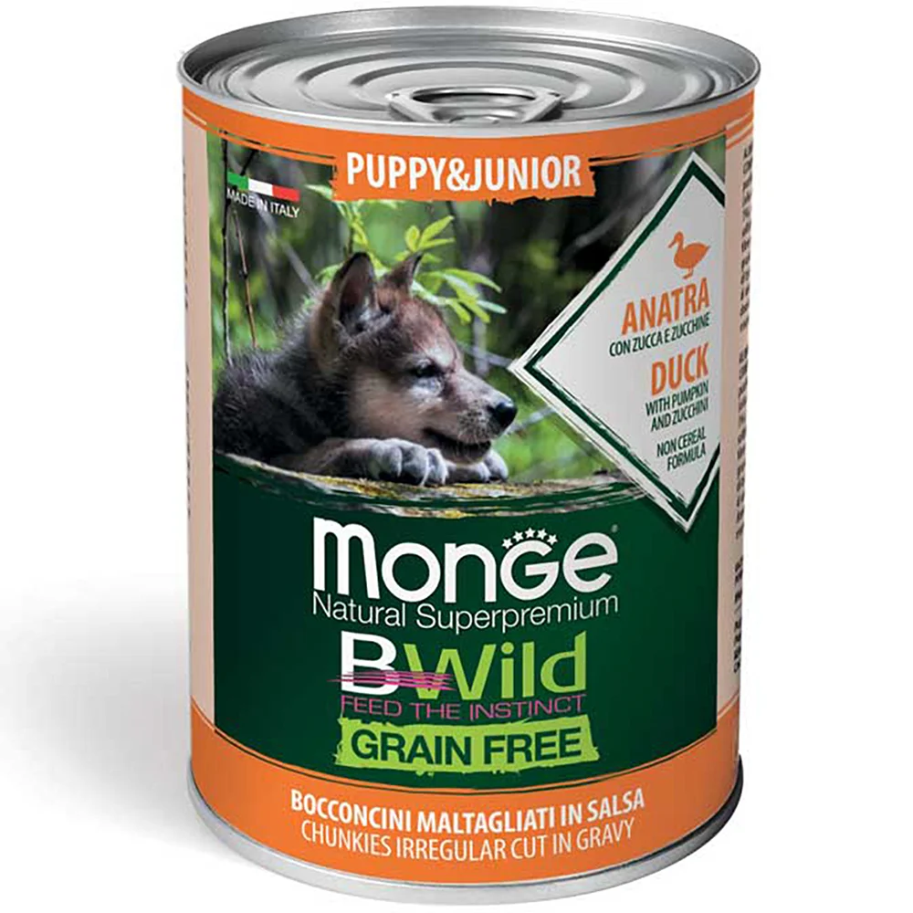 Monge Natural Bwild Grain Free Puppy, bütün cinslərdən olan bala itlər və itlər üçün ördək sousunda, balqabaq və kabak ilə birlikdə 400 qramlıq taxılsız yemdir