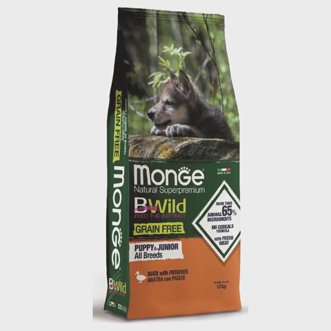 Monge Puppy and Junior all Breeds Natural Super Premium Duck with Papatoes, bütün cinslərdən olan bala itlər üçün tam rasion, ördək, kartof və noxudla, super premium keyfiyyətli (çəki ilə) — ცხოველების მოვლის საშუალებები
