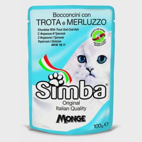 Simba wet cat food, pişiklər üçün yaş yem, alabalıq və morina balığı ilə, 100 q — კატები