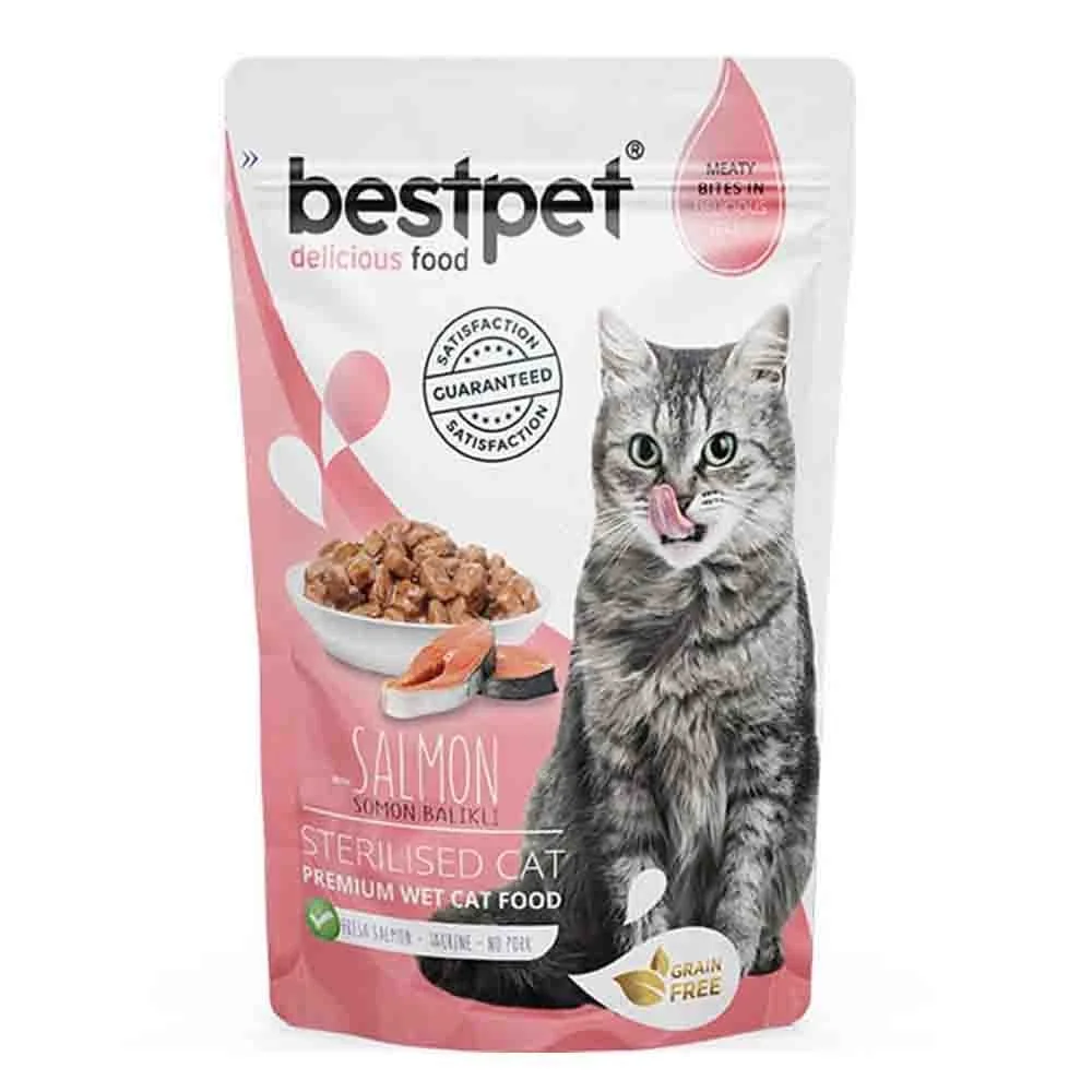 Bestpet Salmon Sterilised Cat, sterilizasiya olunmuş pişiklər üçün sousda qızılbalıq ilə yaş yem, 85 q — Bakı