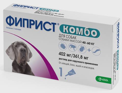 Fiprist Kombo, çəkisi 40-60 kq olan itlər üçün bit, birə, tük yeyən və gənələrə qarşı ense damcısı (1 pipet 402 mq/361,8 mq) — Kediler