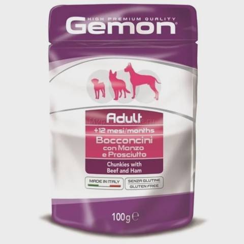 Gemon Adult Dog Pouches Chunkies, yetkin itlər üçün yaş yem, mal əti və vetçina ilə, 100 q — Pet supplies