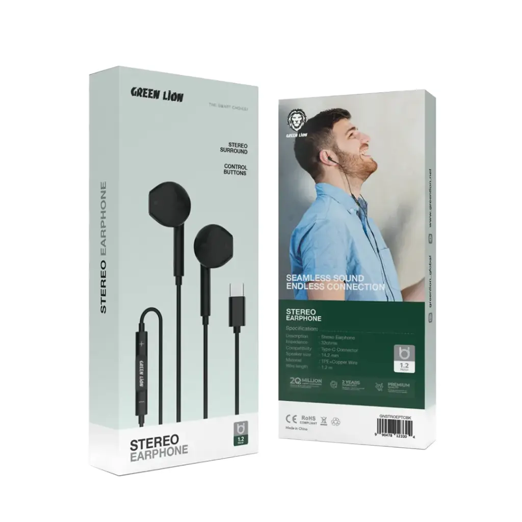 Green Lion Stereo Earphone With Type-C Connector - Black Black — Bakı