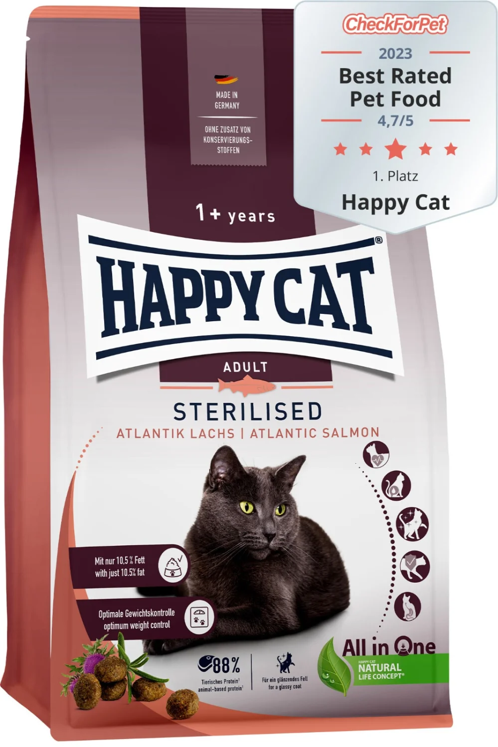 Happy Cat Sterilised Atlantic Salmon, sterilizə olunmuş pişiklər üçün quru yem, qızılbalıqla (çəki ilə) — Zoo.az — Cats