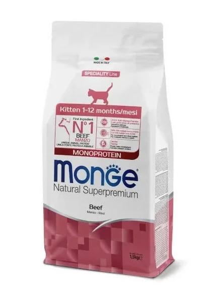 Monge Kitten Xüsusi Xətti Monoprotein, bala pişiklər və hamilə pişiklər üçün mal əti ilə quru yem, mal əti ilə, 1.5 kq