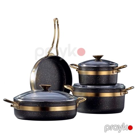 Bonera Nile 7 pcs set Black Granite+Gold Dots+Gold Handle Black — Bakı