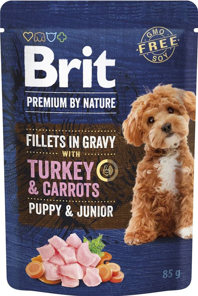 Brit Premium Puppy and Junior, hinduşka və yerkökü sousda, hinduşka filesi və yerkökü sousda yaş it yemi, 85 q — Bakı
