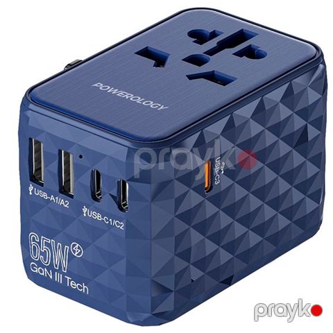 Powerology Universal Adapter 65W X3 PD port and X2 USB 15W port Blue — Bakı