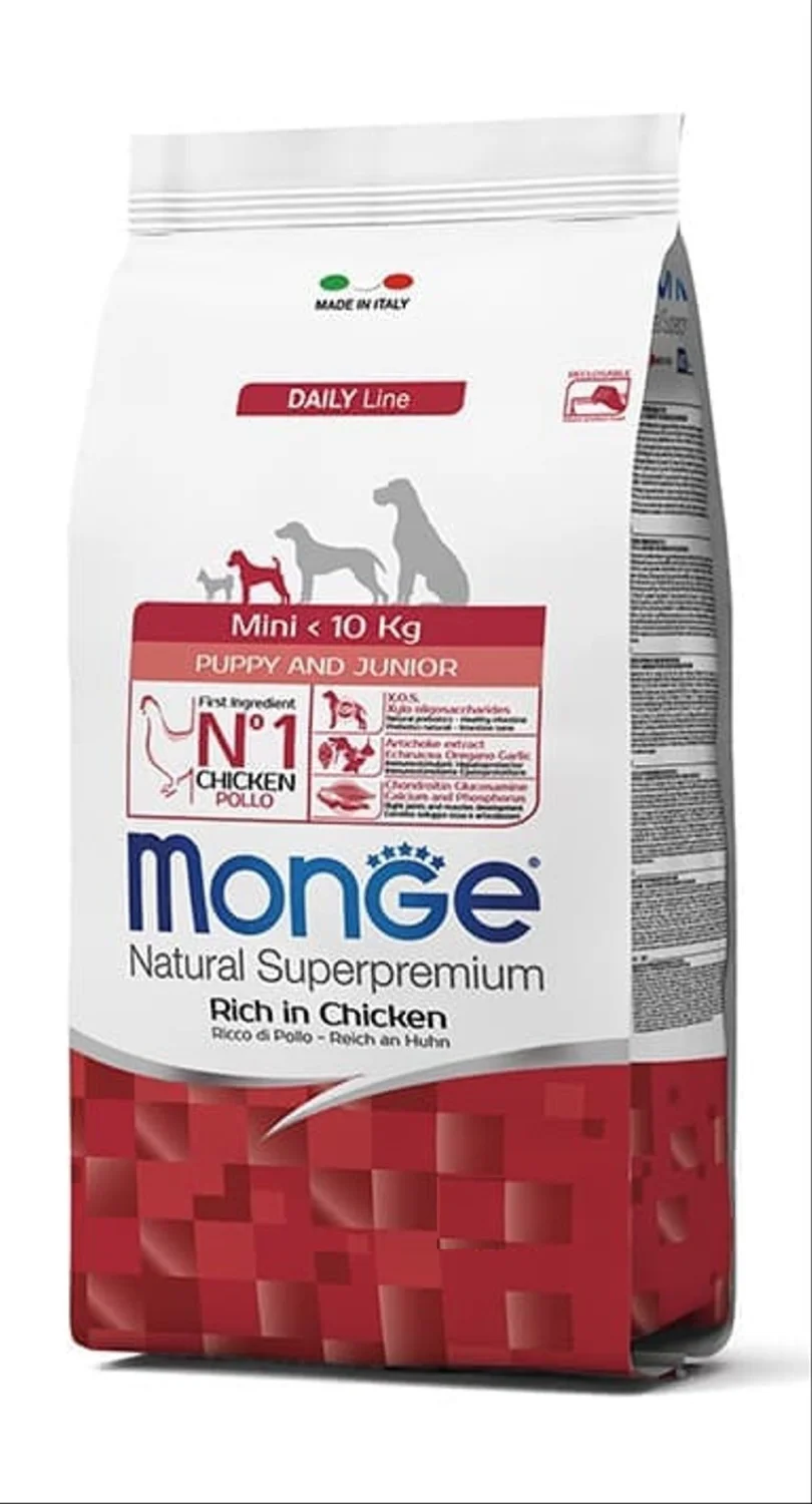 Monge Mini Puppy and Junior Natural Super Premium Rich in Chicken, kiçik cinsli bala itlər üçün super premium keyfiyyətli balanslaşdırılmış quru yem, toyuq əti ilə (bütöv kisə, 15 kq) — Zoo.az