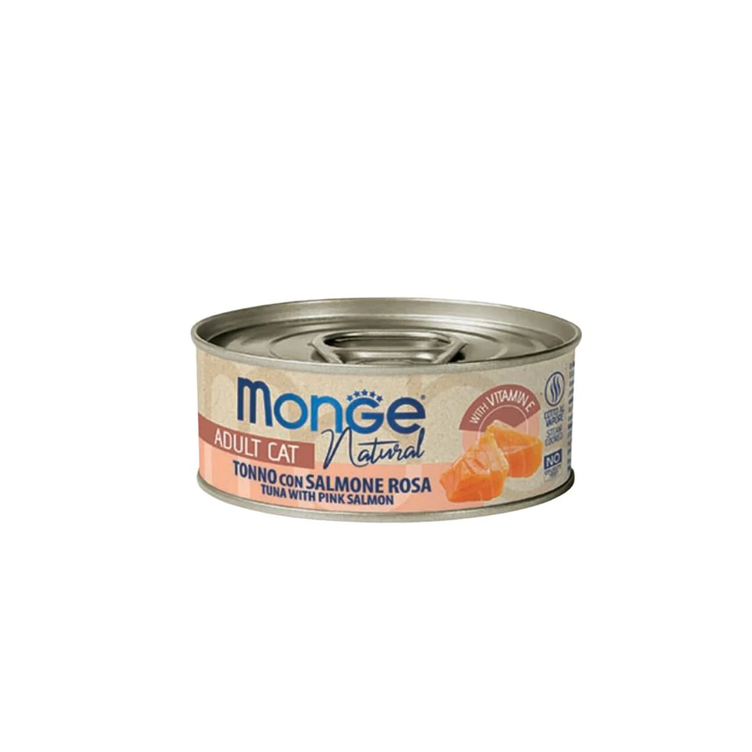Monge Natural Tonno del Pacifico con Salmone təbii Sakit okean tuna pişiklər üçün qızılbalıq, super yüksək keyfiyyətli 80 q — Zoo.az — Cats