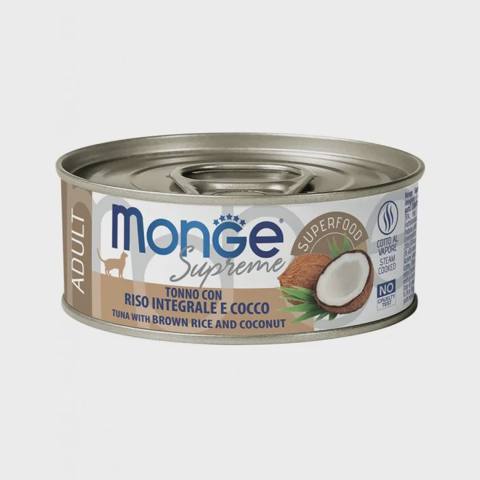 Tuna balığı, qəhvəyi düyü və kokos ilə yetkin pişiklər üçün Monge Supreme Cat, 80 q — Baku