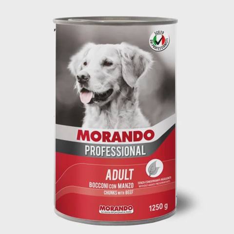 Morando Professional, itlər üçün konserv, mal əti tikələri ilə, 1250 q — ცხოველების მოვლის საშუალებები
