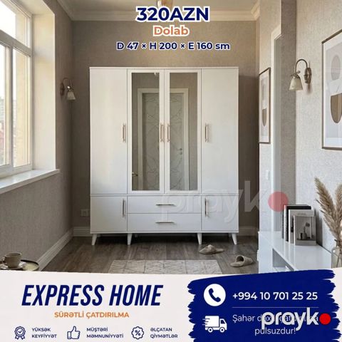 Yeni, 4 qapılı, Güzgülü, Açılan, Düz dolab — Bakı