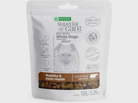 Nature’s Protection Superior Care Mobility & Joint Health, ağ və açıq rəngli tüklü bütün cinslərdən olan yetkin itlər üçün hərəkətlilik və oynaq sağlamlığı üçün mükafat yeməyi, quzu əti ilə, 150 q — Pet supplies