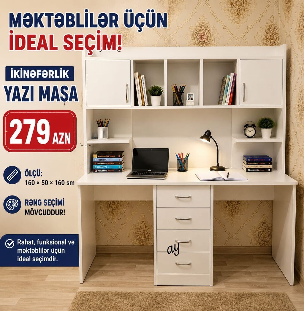 İkinəfərlik yazı masası – məktəblilər üçün ideal seçim Ölçü: 160 — Kompüter masaları və kresloları, Bakı