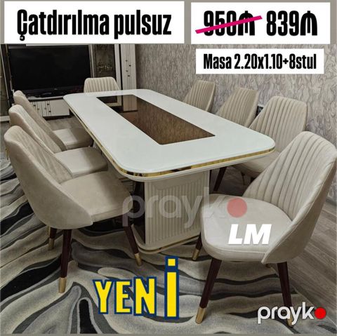 Yemək otağı dəsti – masa və 8 stul - Ölçü: Masa 2.20 x 1.10 m — Bakı