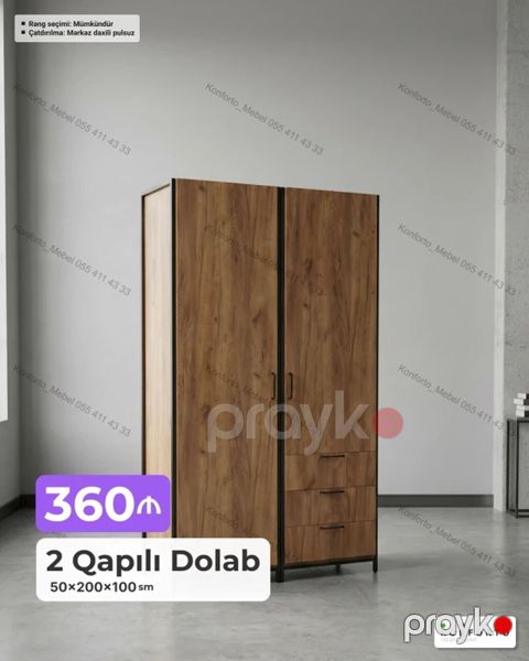 2 qapılı dolab – 50×200×100 sm - Dizayn: Təbii ağac teksturası, qara — Bakı