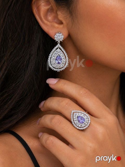 Luxury Class Bənövşəyi Zirkon Daşlı Damla Formalı Bijuteriya Sırğa və Üzük Dəsti