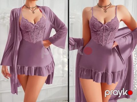 Qadınlar üçün gecə köynəyi dəsti ŞHN030, bənövşəyi, pambıq/elastan, ölçü M — Bakı