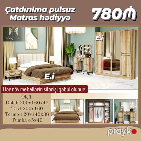 Yataq otağı mebel dəsti – 780₼ Çatdırılma pulsuz, matras hədiyyə Dəst — Bakı