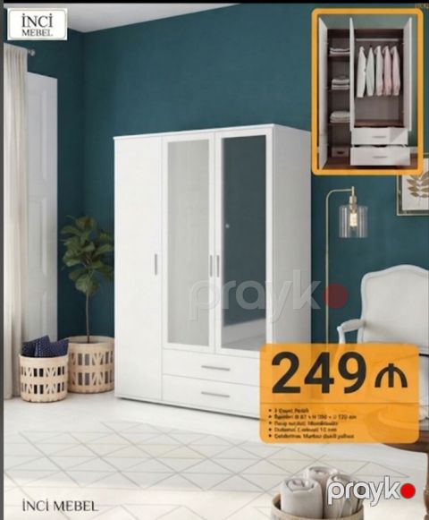 Yeni, 3 qapılı, Siyirməli, Ağ, Açılan, Düz dolab — Bakı