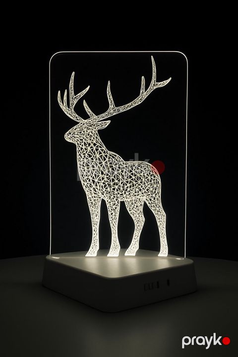 3D LED akril gecə lampası, ağ, 20x30 sm, tək maral - lightdekor141 — Bakı