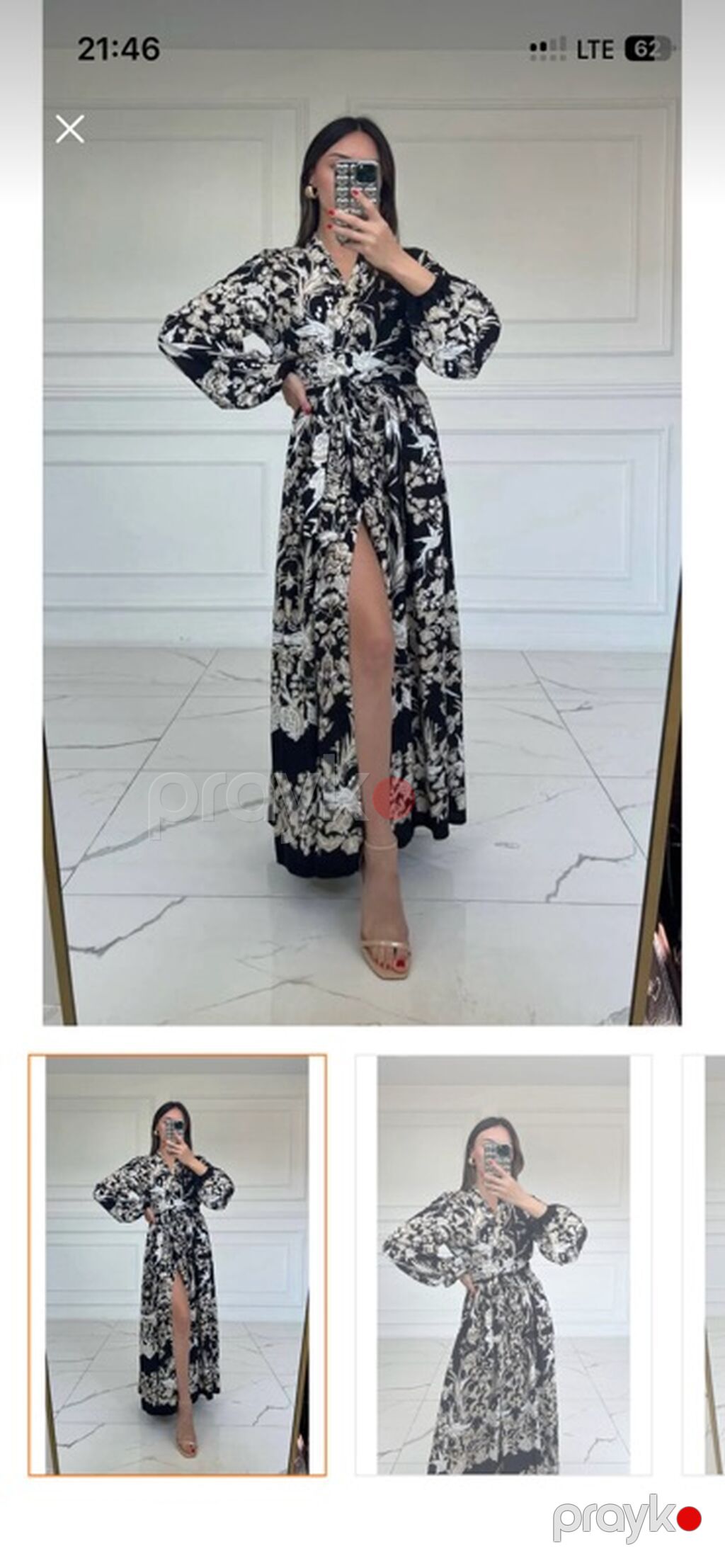 Qara rəng üzərində krem-ağ floral printli uzun don. - Model: maxi — Gündəlik paltarlar, Bakı (2)