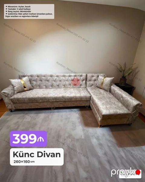 Künc Divan – 260 160 sm - Mexanizm: açılan, bazalı (yataq — Bakı