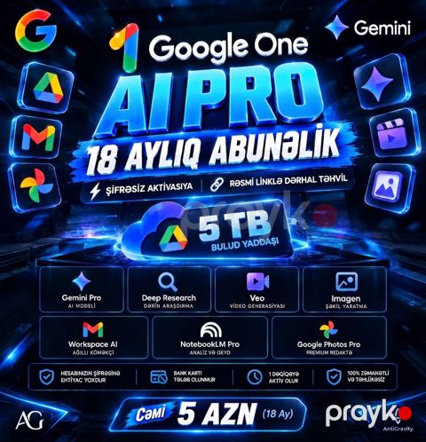 Google One AI Pro — 18 aylıq abunəlik Şifrəsiz aktivasiya, rəsmi — Bakı