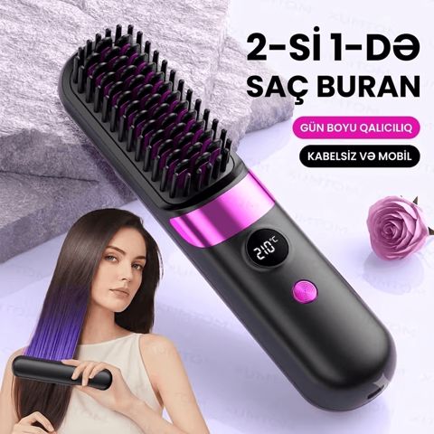 2-si 1-də Kabelsiz Saç Düzləşdirici və Buran Daraq (Akkumulyatorlu) — Bakı