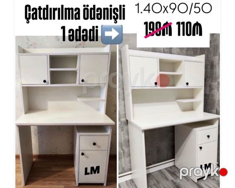 Ağ rəngdə funksional yazı/stol-seti. Ölçülər: 1.40 x 90/50. Yuxarı — Sumqayıt