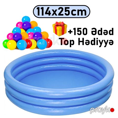 Uşaqlar üçün şişmə hovuz Intex 156TX59416T150, mavi, 114x114x25 sm, 156 l + 150 ədəd top hədiyyə — Bakı