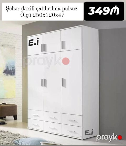 Ağ rəngli 3 qapılı paltar şkafı - Ölçü: 250 x 120 x 47 sm - Üst — Digah