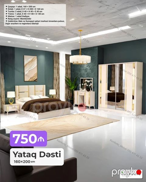 Yataq Dəsti – 160×200 sm Komplekt: - Çarpayı: 1 ədəd, 160×200 sm — Bakı