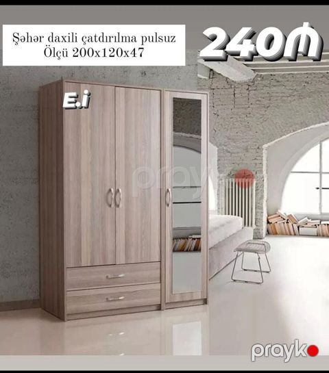 Üç qapılı geyim dolabı - Ölçü: 200 x 120 x 47 sm - Material: taxta