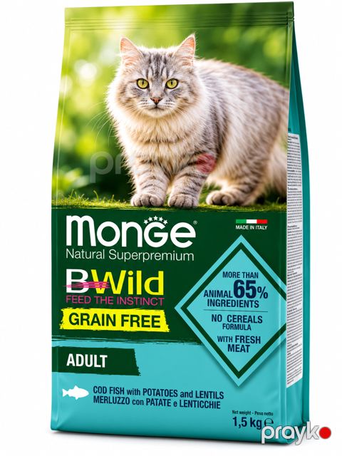 Quru yem Monge Natural Superpremium BWild Grain Free, treska, kartof və mərcimək, yetkin pişiklər üçün, 1.5 kq — Bakı