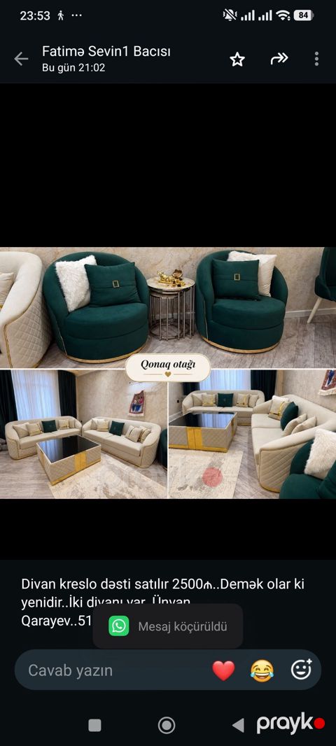 Divan kreslo dəsti satılır 2500₼. Demək olar ki yenidir. İki divanı — Bakı