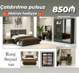 Müasir yataq otağı dəsti – elegant qızılı detallar və güzgülü şkafla — Aile mebel — Yataq otağı mebel dəstləri