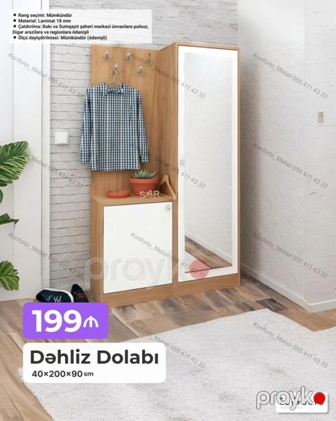 Dəhliz dolabı – 40×200×90 sm - Komplekt: paltar asılqanlı panel, açıq — Bakı