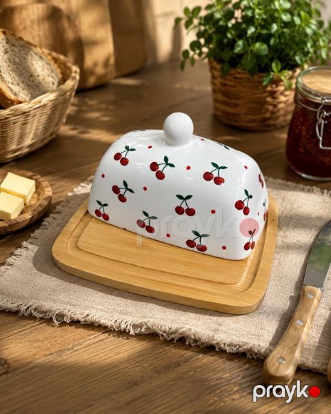 Yağ/Pendir qabı, Bambuk/Keramika, Düzbucaq, Ağ/Qırmızı — Bakı