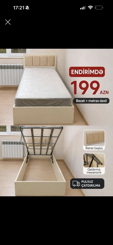 Tek nəfərlik bazalı çarpayı + matras dəsti - Qiymət: 199 AZN — Çarpayılar