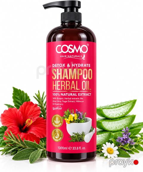 Cosmo Hair Naturals Detox & Hydrate Herbal Oil Shampoo 1000 ml – Bitki Yağlı Nəmləndirici və Təmizləyici Saç Şampunu, Aloe Vera və Rozmarin Ekstraktlı — Bakı