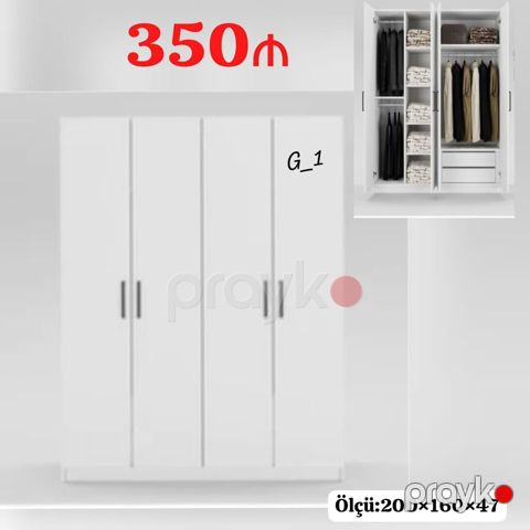 Ağ rəngli 4 qapılı paltar dolabı - Ölçü: 200×160×47 sm — Sumqayıt