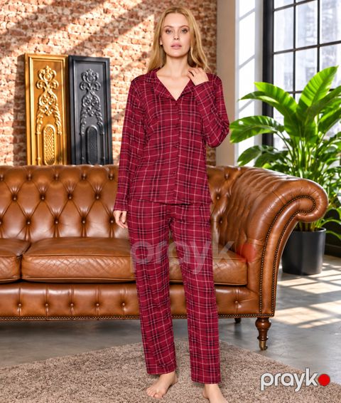 Qadınlar üçün şalvarlı pijama dəsti, tünd qırmızı, parça, ölçü M — Bakı