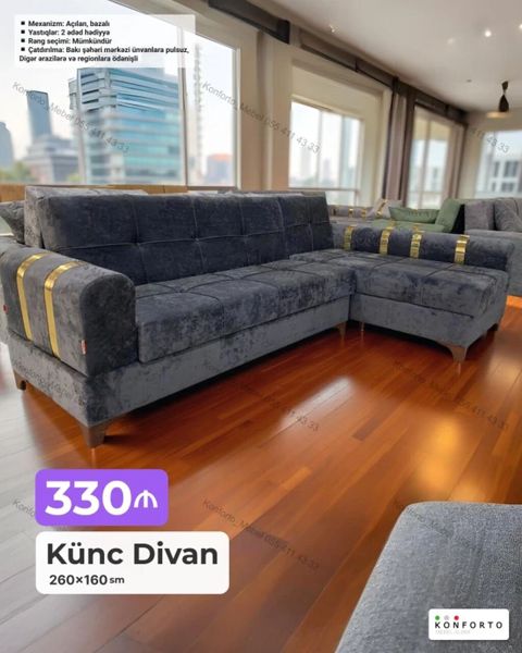 Künc divan – 260×160 sm Xüsusiyyətlər: - Mexanizm: açılan, bazalı — Bakı