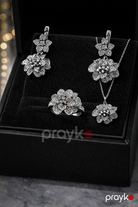 Çiçək formalı daşlı zərgərlik dəsti üzük, sırğa və boyunbağı premium kolleksiya — Bakı